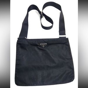 AUTHENTIC PRADA NYLON CROSSBODY ZIPPER BAG, BLACK, H:10”XW:12.25”. Zip Closure.